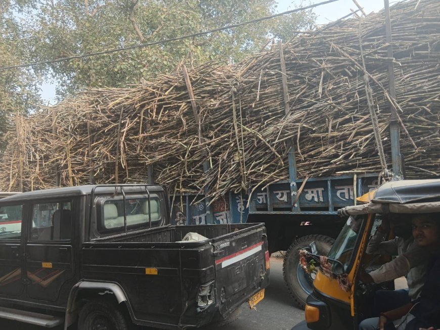 सडकों पर  भयंकर जाम मौत का तांडव करती गन्ने से लदी ओवर लोड  ट्रालियां