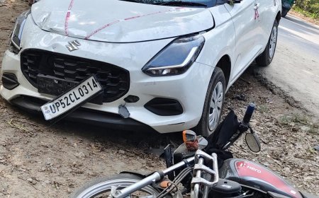 टायर फटने से अनियंत्रित कार ने बाइक को मारी टक्कर, युवक गंभीर घायल