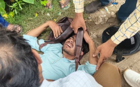 बाइक सवार घायल  चौकी प्रभारी अमरेश सिंह ने  घायल को भेजा अस्पताल 